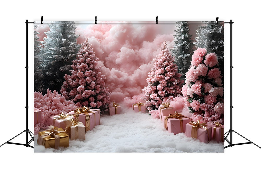 Sfondo Fotografico Con Regali Rosa E Alberi Di Natale RR8-350