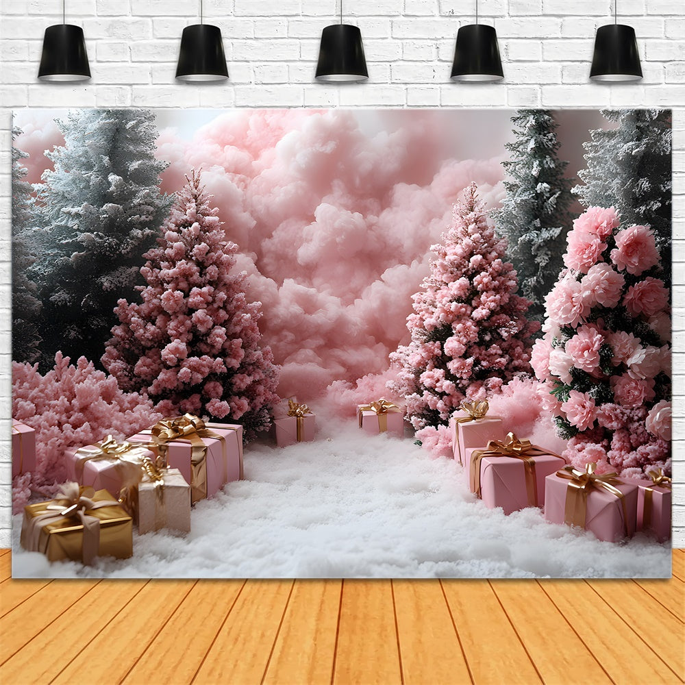 Sfondo Fotografico Con Regali Rosa E Alberi Di Natale RR8-350