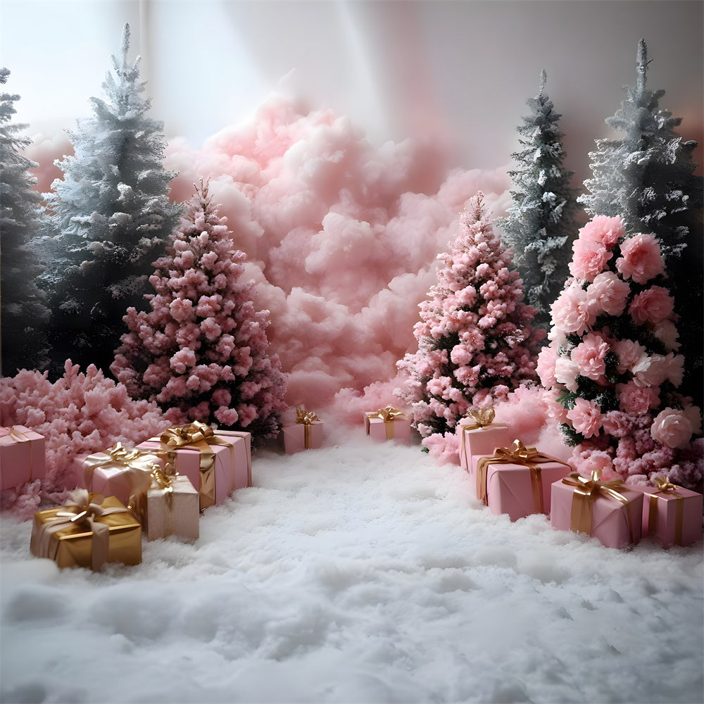 Sfondo Fotografico Con Regali Rosa E Alberi Di Natale RR8-350