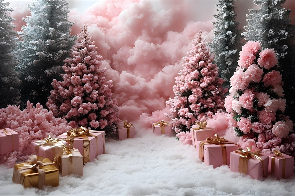 Sfondo Fotografico Con Regali Rosa E Alberi Di Natale RR8-350