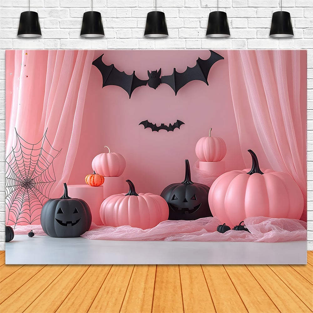 Sfondo Fotografico Con Zucche Rosa E Pipistrelli Di Halloween RR8-387