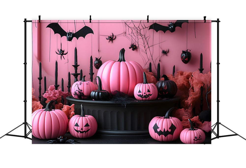 Sfondo Di Halloween Con Zucche Da Muro Rosa E Pipistrelli RR8-388