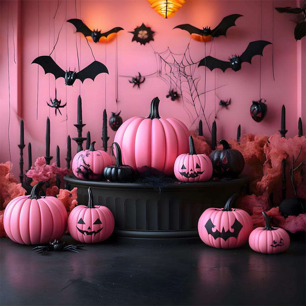Sfondo Di Halloween Con Zucche Da Muro Rosa E Pipistrelli RR8-388