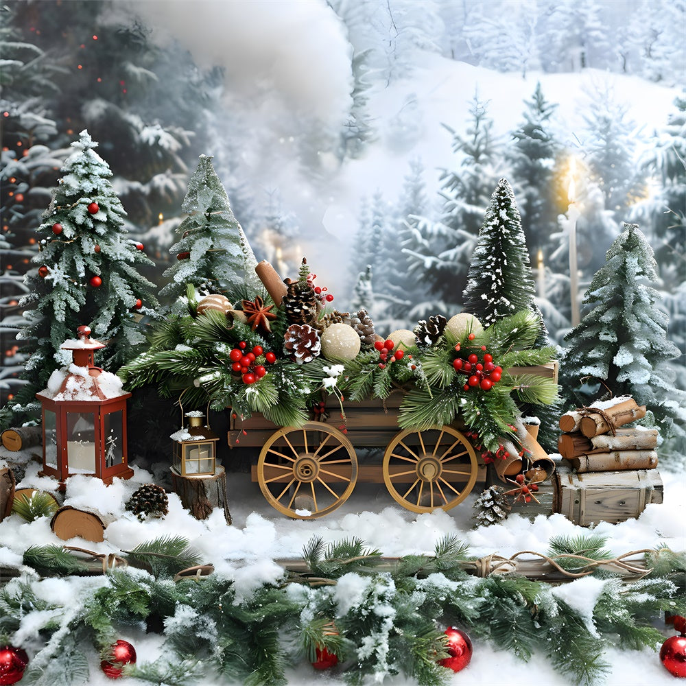 Sfondo Di Alberi Di Abeti Con Carrello In Legno Di Neve Di Natale RR8-4