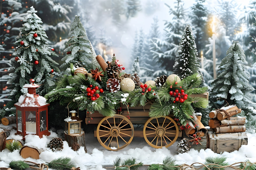Sfondo Di Alberi Di Abeti Con Carrello In Legno Di Neve Di Natale RR8-4