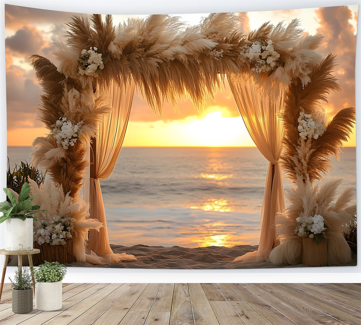 Sfondo Bohemien Con Arco Al Tramonto Sulla Spiaggia RR8-433