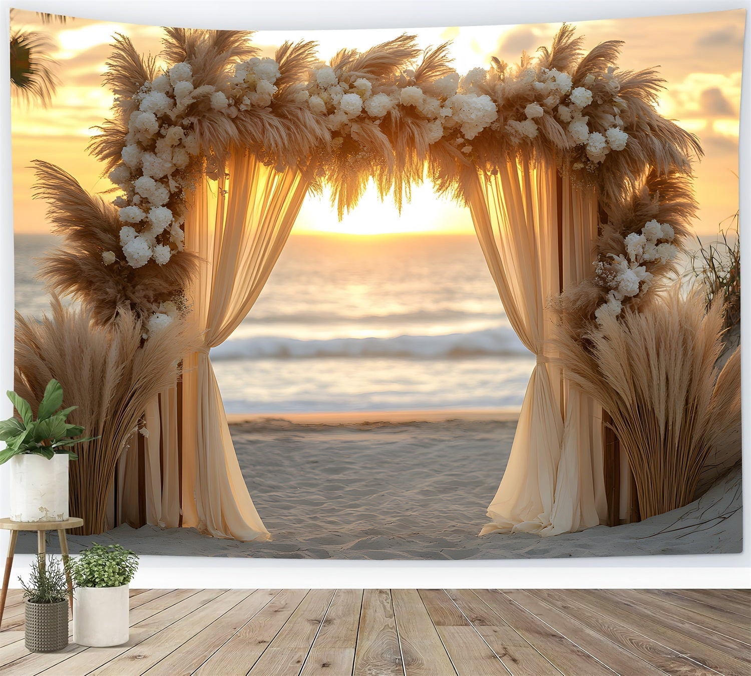 Sfondo Bohemien Con Arco Per Matrimonio In Spiaggia RR8-434
