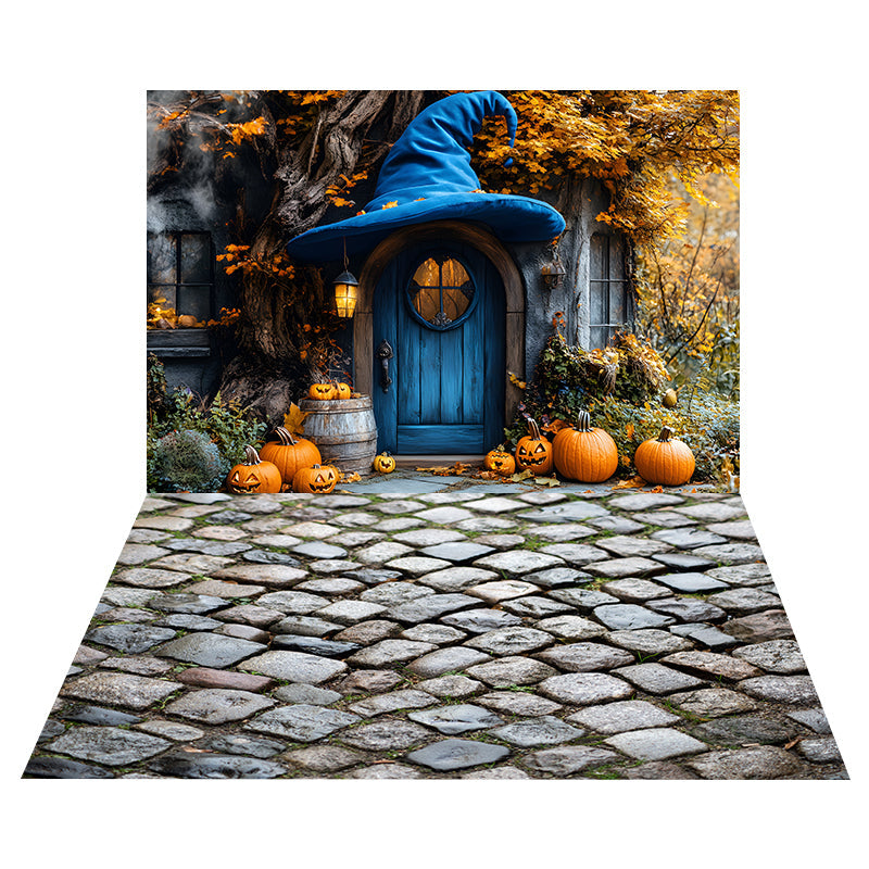 Sfondo Autunnale Della Casa Delle Zucche+Sfondo Del Pavimento In Pietra RR8-527