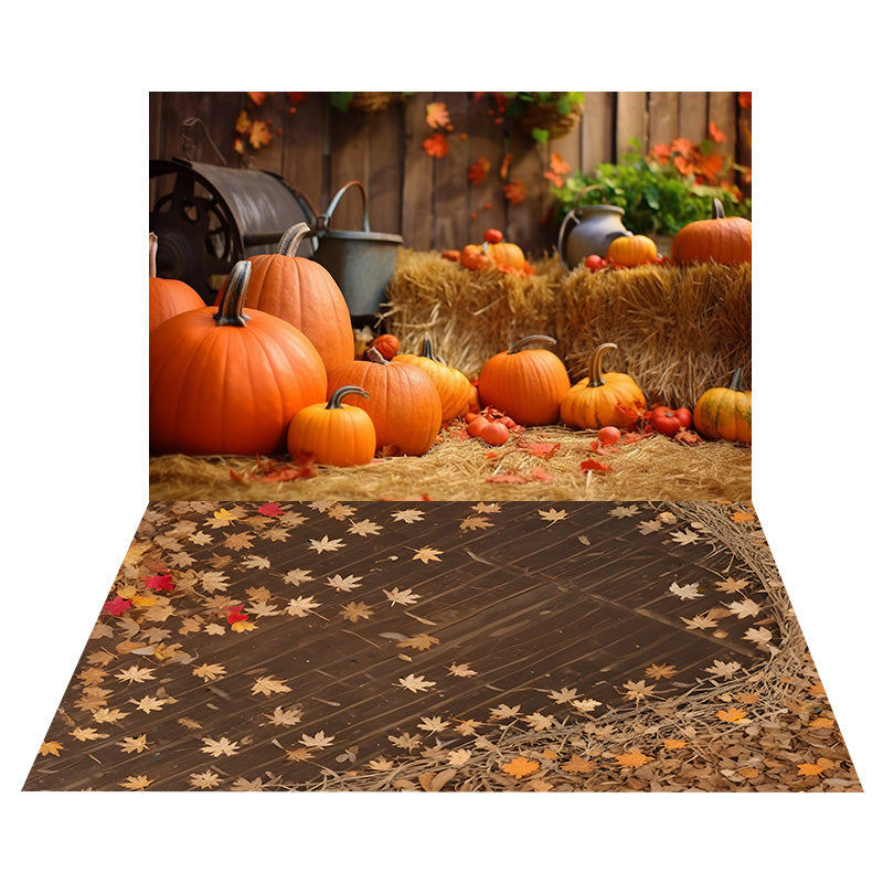 Sfondo Autunno Fienile Pagliaio+Sfondo Pavimento Foglie D'Acero RR8-536