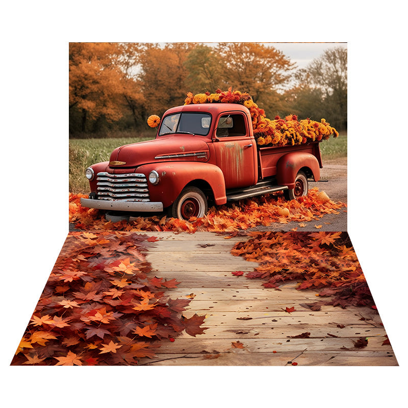 Sfondo Autunno Camion Rosso+Sfondo Pavimento In Legno Foglie D'Acero RR8-537