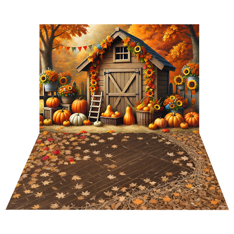Sfondo Casa In Legno Autunnale+Sfondo Pavimento Foglie D'Acero RR8-540
