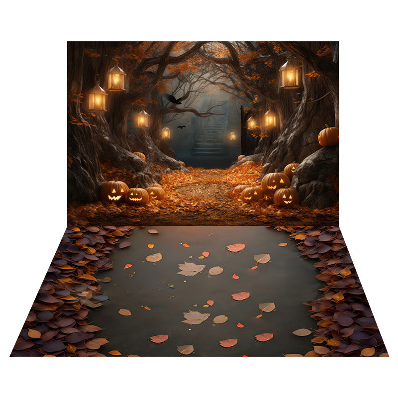 Sfondo Con Lanterne Di Zucca Di Halloween+Sfondo Con Foglie Cadute RR8-542