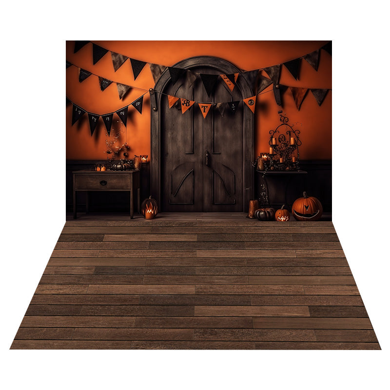 Sfondo Muro Rosso Porta Di Halloween+Sfondo Pavimento In Legno Retro RR8-548