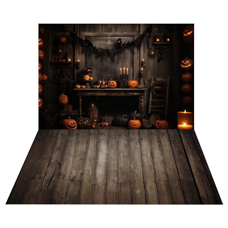 Sfondo Da Parete Con Candela Di Zucca Di Halloween+Sfondo Da Pavimento In Legno Marrone RR8-559