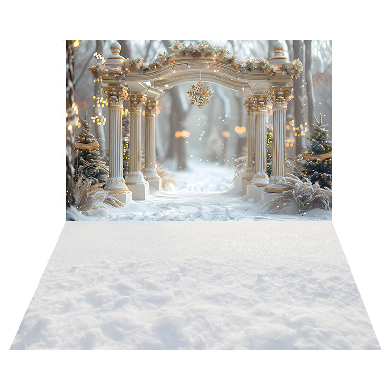 Sfondo Con Arco Di Fiocchi Di Neve Di Natale+Sfondo Bianco Con Pavimento In Neve RR8-561