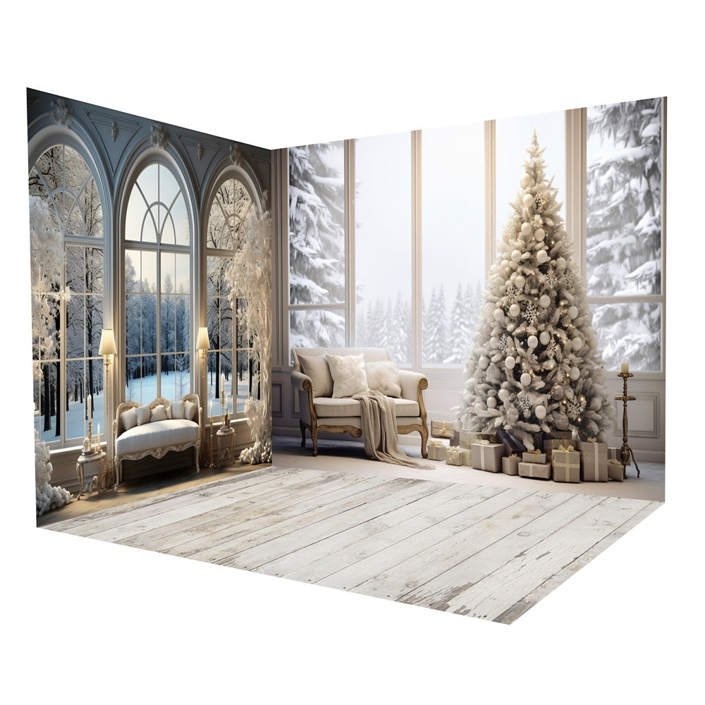 Set Per Camera Con Sfondo Per Finestra Con Albero Di Natale Vista Sulla Neve Invernale RR8-623