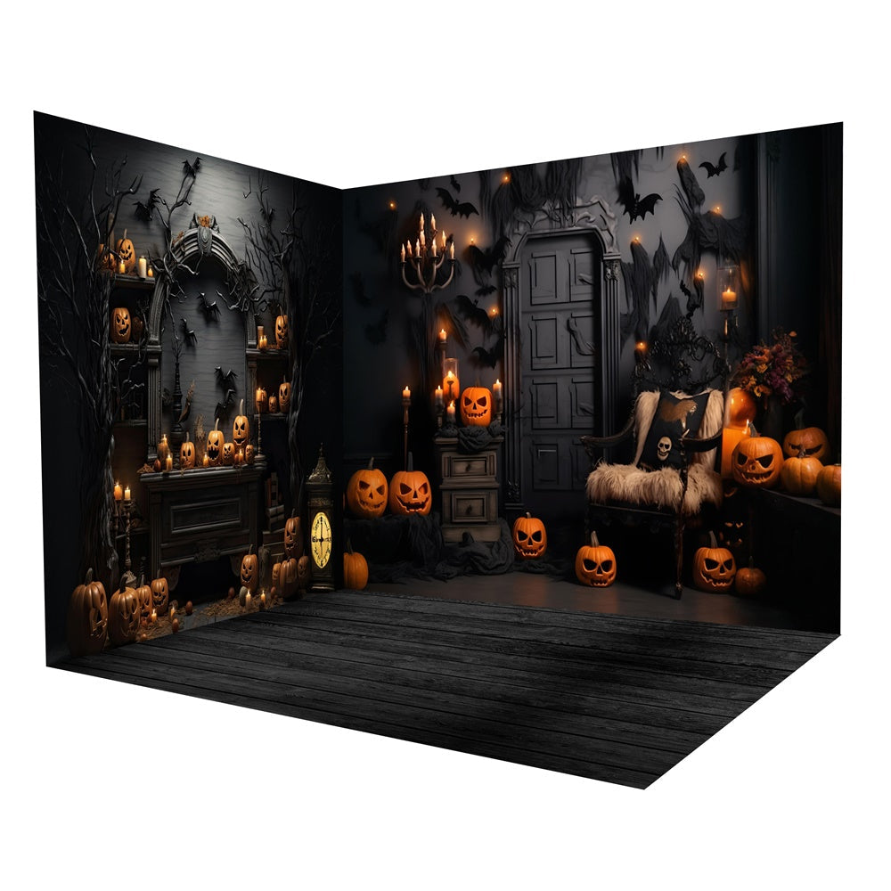 Set Da Camera Con Sfondo Retro Da Parete Con Zucca Di Halloween Night RR8-638
