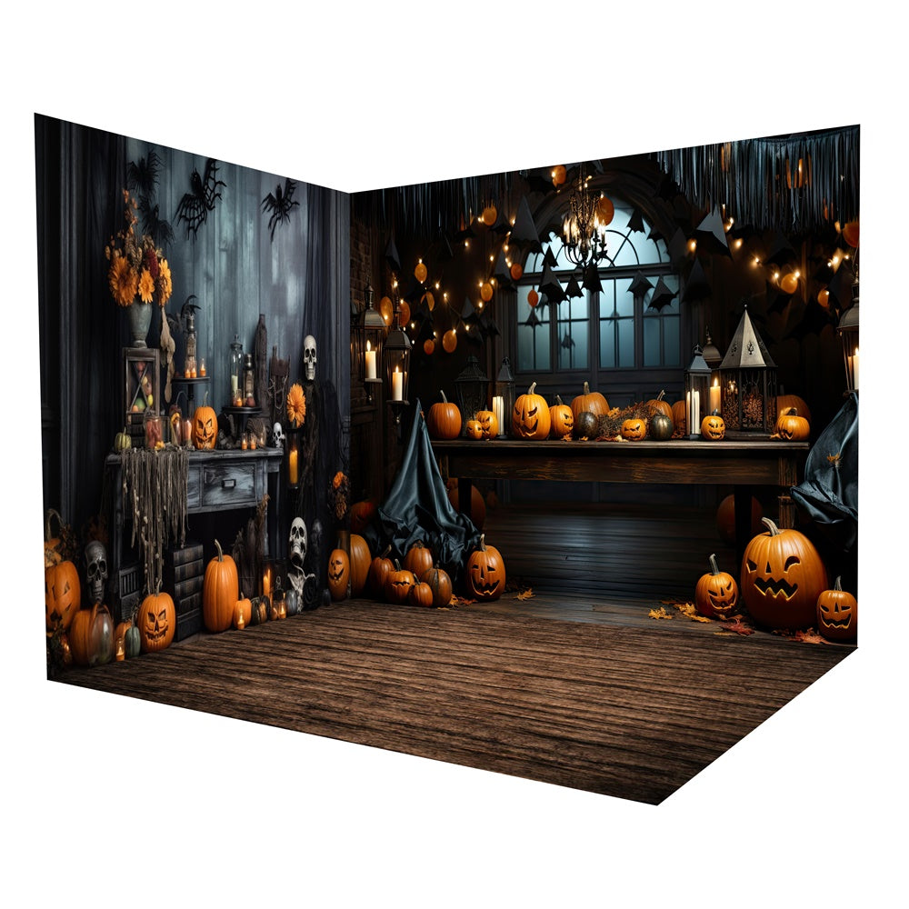 Set Da Camera Con Fondale Per Tavolo Da Notte Con Zucca Di Halloween R R8-643