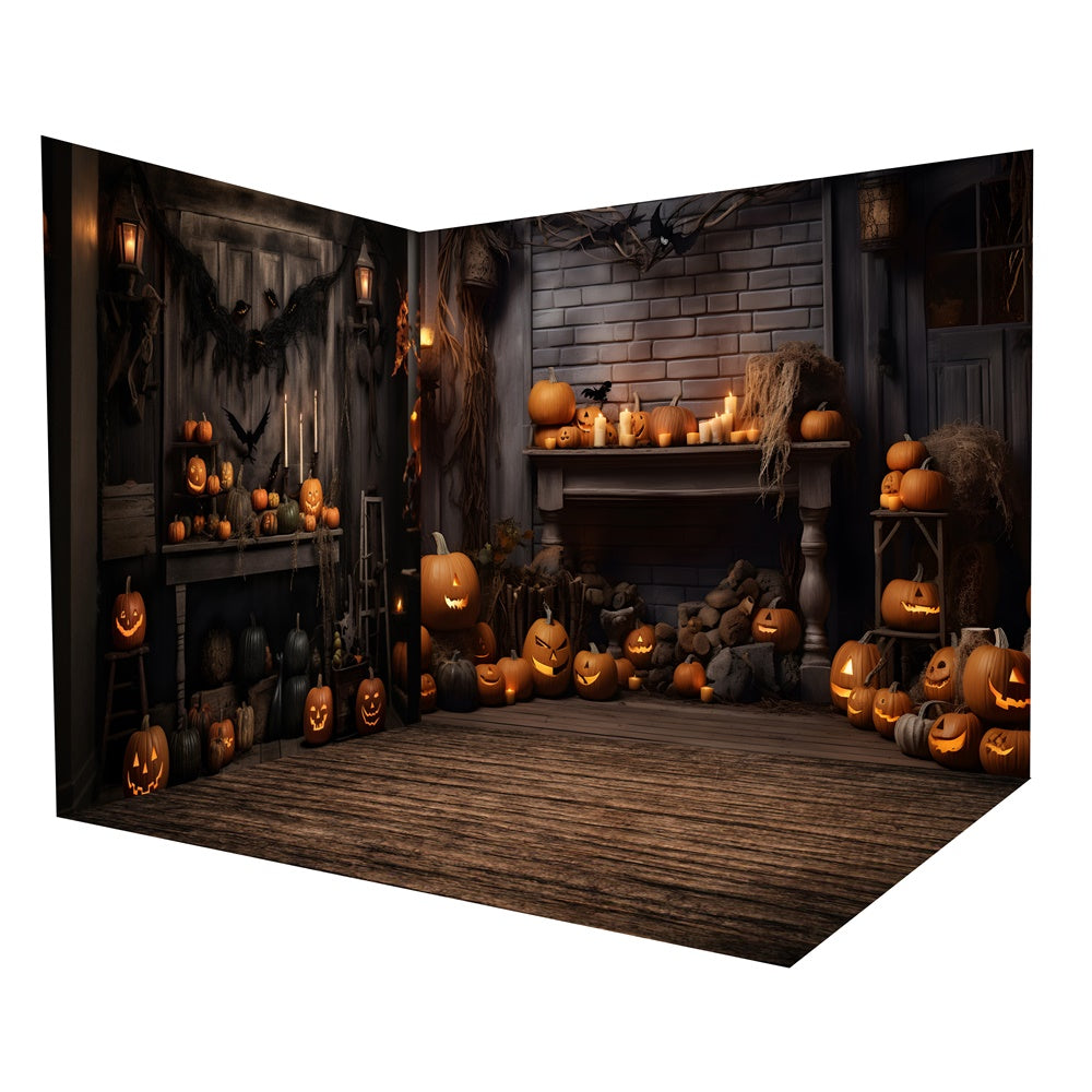 Set Rustico Per Camera Con Sfondo Di Candele Di Zucca Di Halloween RR8-644