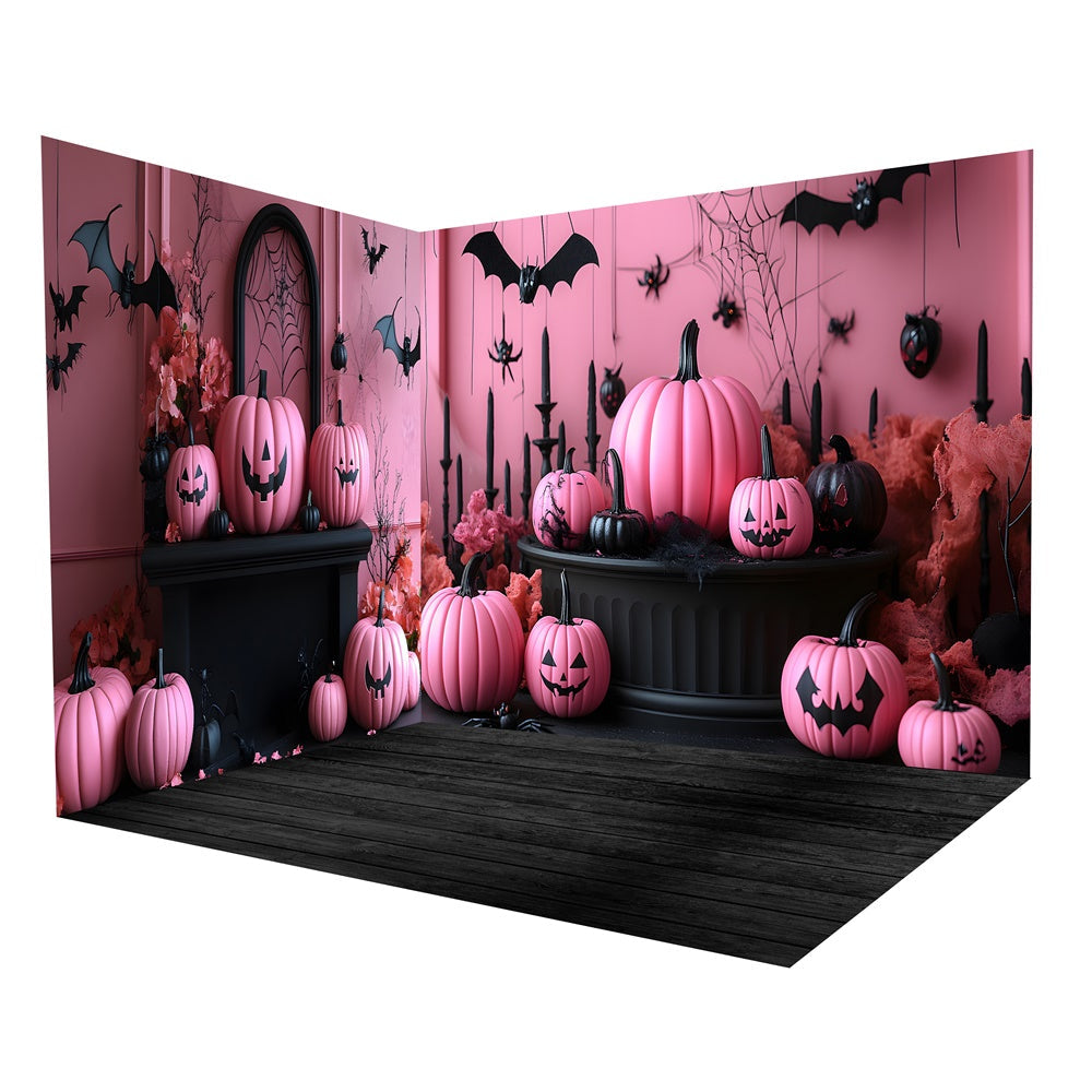 Set Per Camera Con Sfondo Di Zucca Malvagia Da Parete Rosa Di Halloween RR8-648
