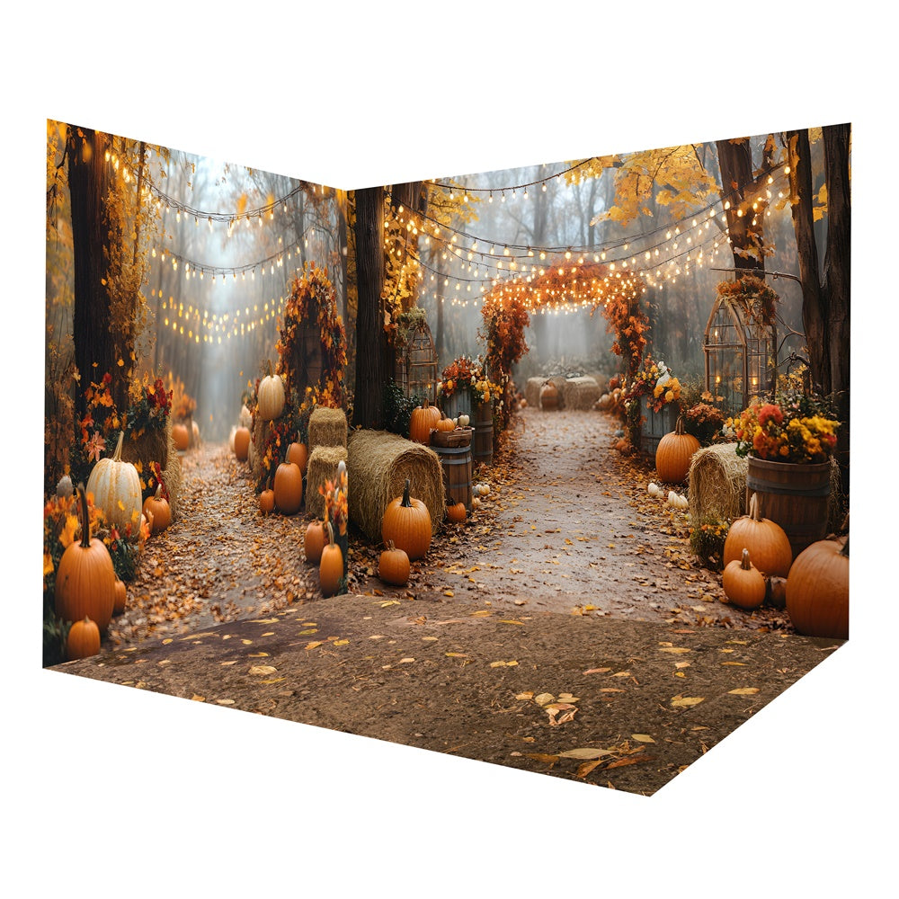 Set Per Stanza Con Fondale Luminoso A Forma Di Stringa Di Zucca Autunnale Nel Bosco RR8-657