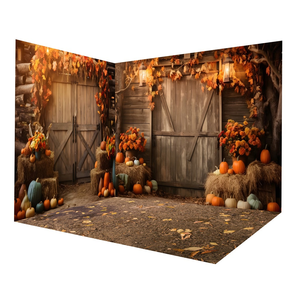 Set Camera Sullo Sfondo Con Foglie Di Pagliaio Per Porta Del Fienile In Legno Autunnale RR8-662