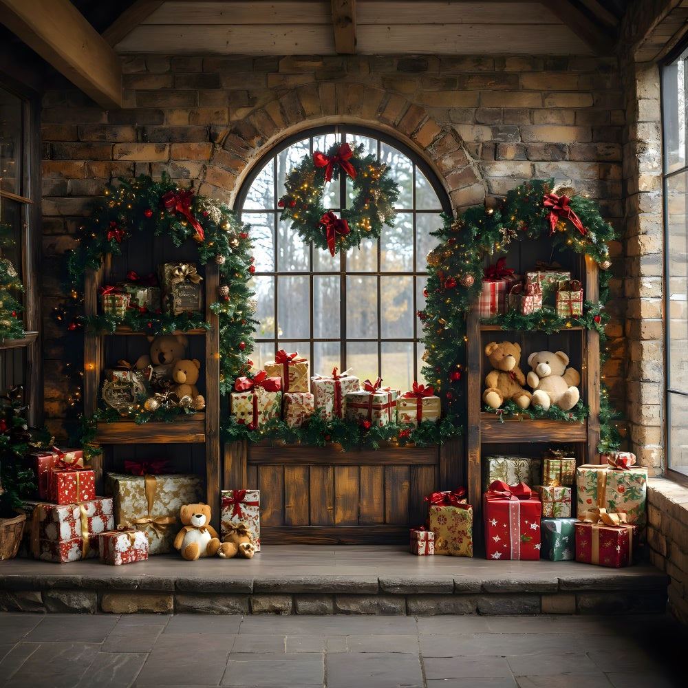 Sfondo Della Stanza Delle Scatole Regalo Dell'Orso Giocattolo Di Natale RR8-69