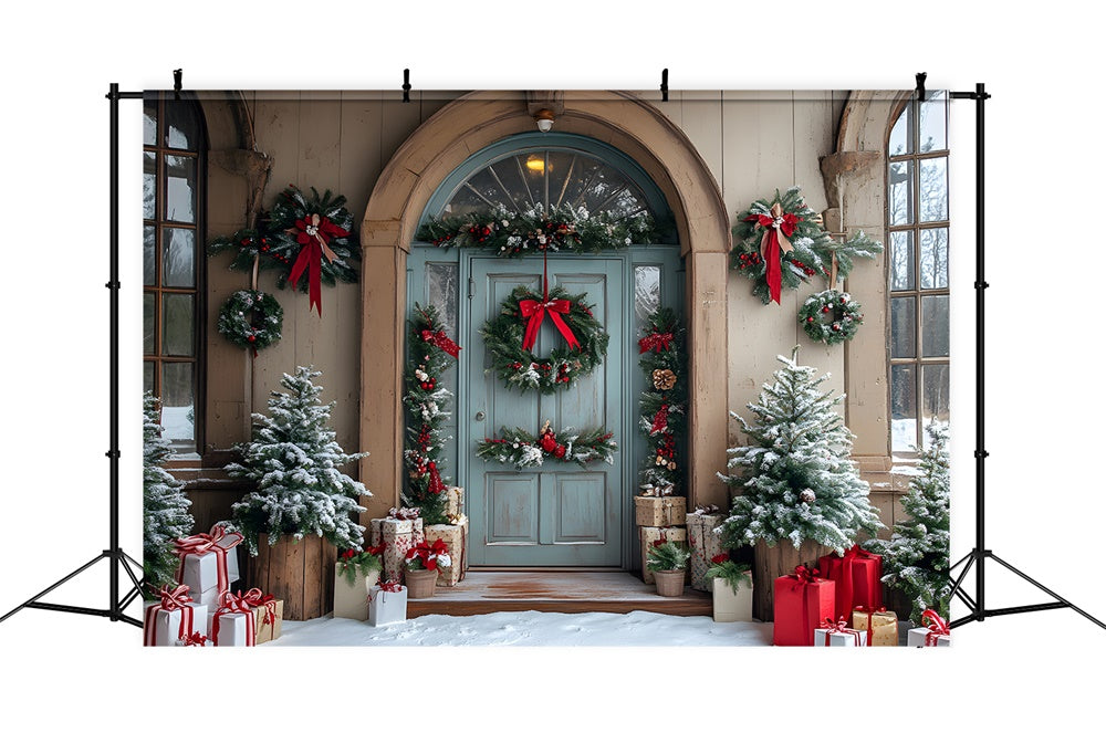 Sfondo Della Porta Della Casa Con Ghirlande Di Alberi Di Natale RR8-79