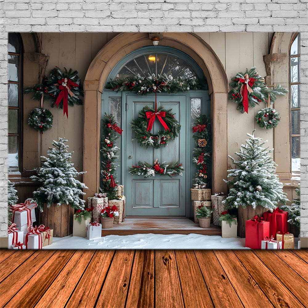 Sfondo Della Porta Della Casa Con Ghirlande Di Alberi Di Natale RR8-79