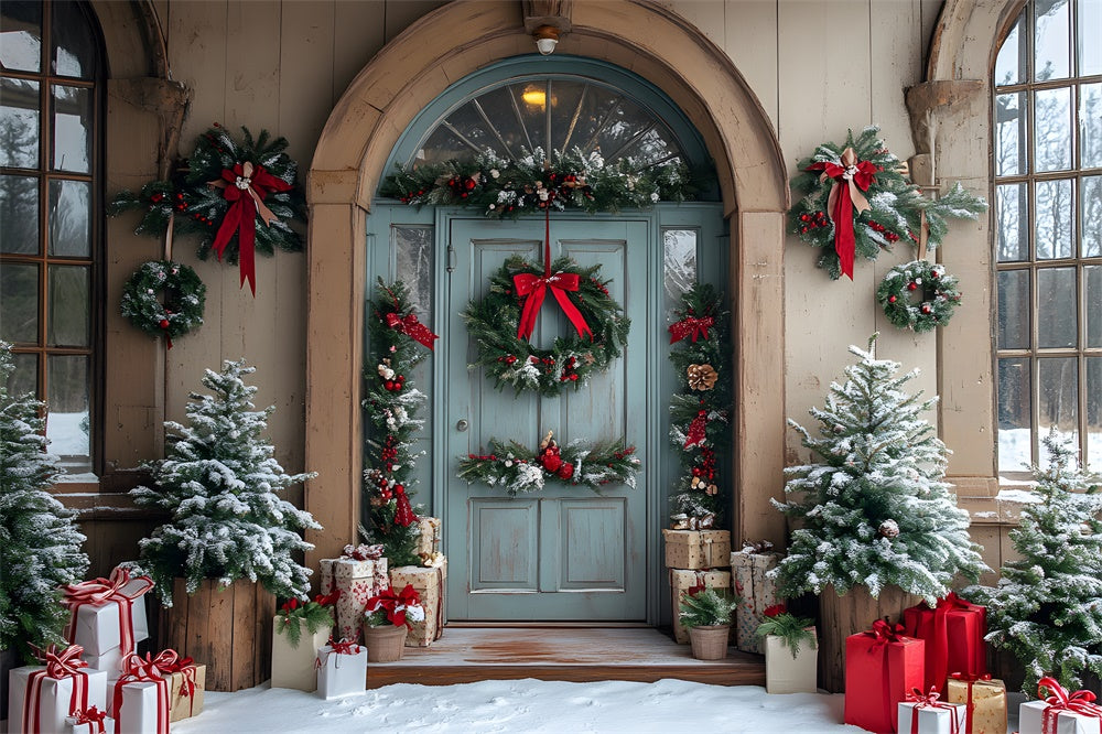 Sfondo Della Porta Della Casa Con Ghirlande Di Alberi Di Natale RR8-79