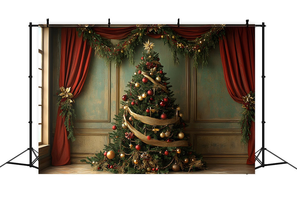 Sfondo Ghirlanda Con Tenda Rossa Per Albero Di Natale RR8-93