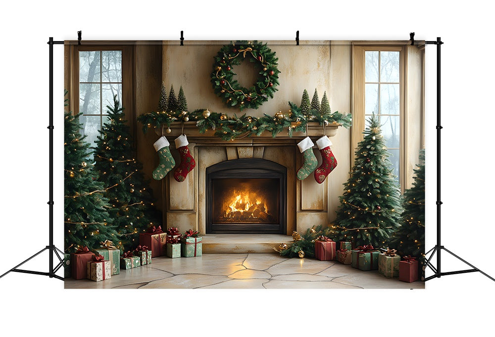Sfondo Di Calzini Per Caminetto Con Luci Dell'Albero Di Natale RR8-94