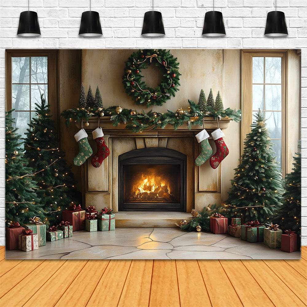 Sfondo Di Calzini Per Caminetto Con Luci Dell'Albero Di Natale RR8-94