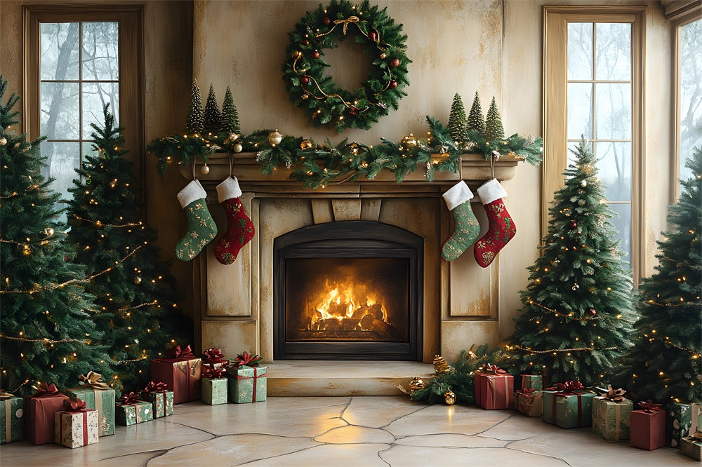 Sfondo Di Calzini Per Caminetto Con Luci Dell'Albero Di Natale RR8-94
