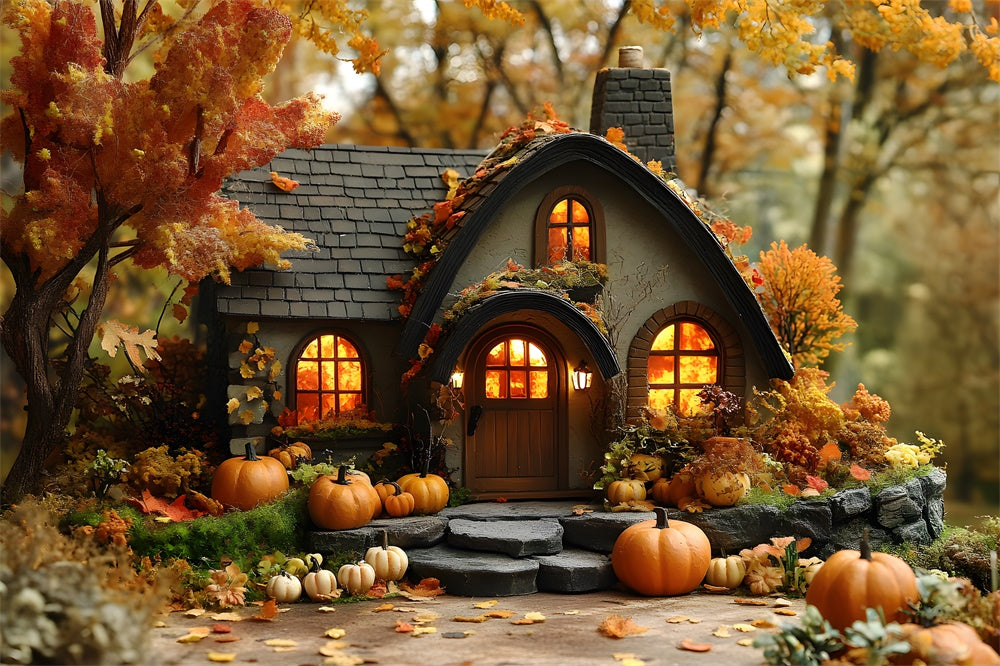 Sfondo Di Zucche Di Casa In Legno Foresta Autunnale RR9-10