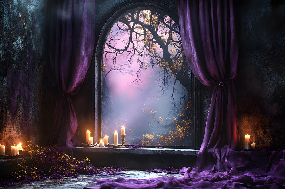 Sfondo Di Tenda Viola Con Porta Ad Arco Della Foresta Di Halloween RR9-102