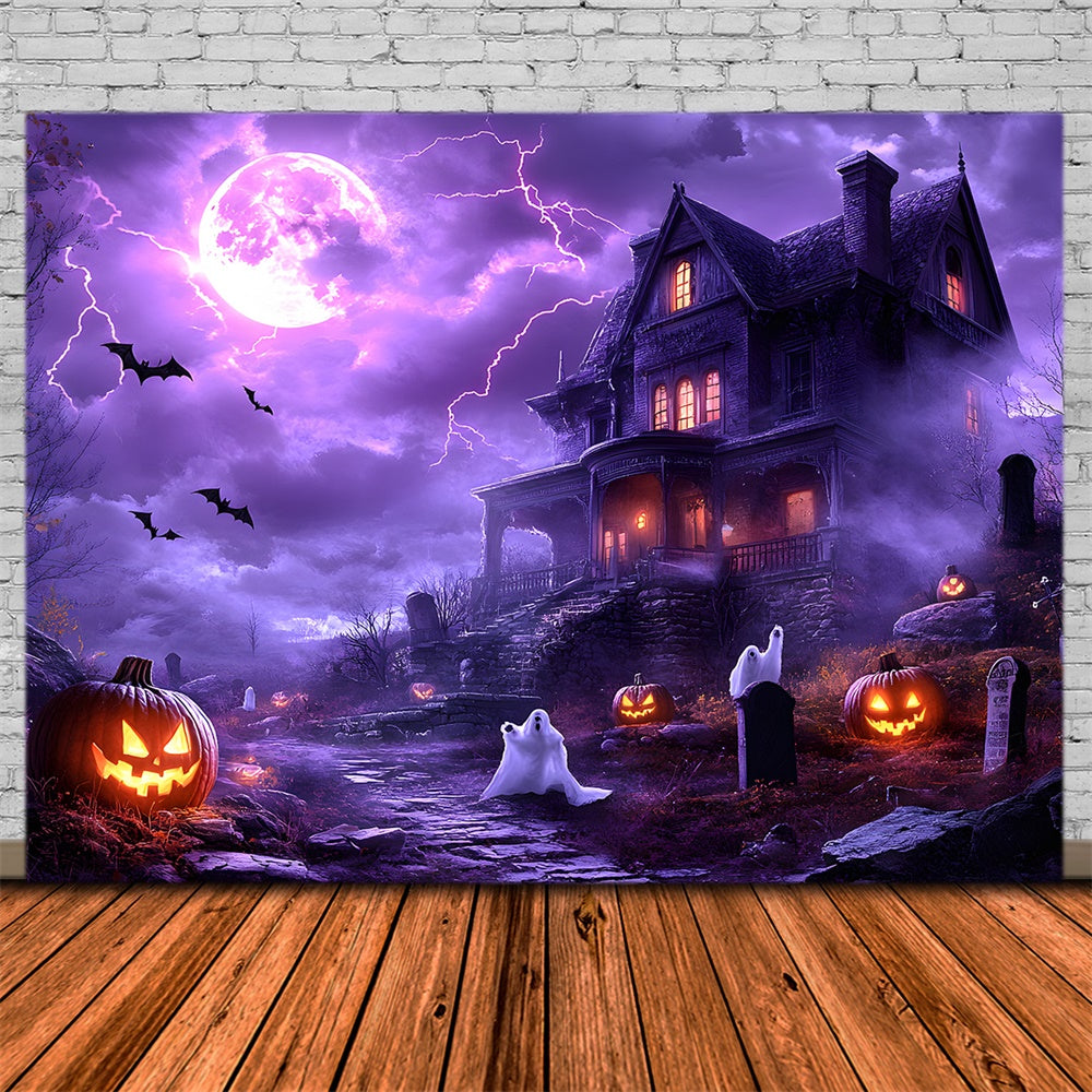 Sfondo Di Halloween Viola Cielo Notturno Fulmine Fantasma RR9-108