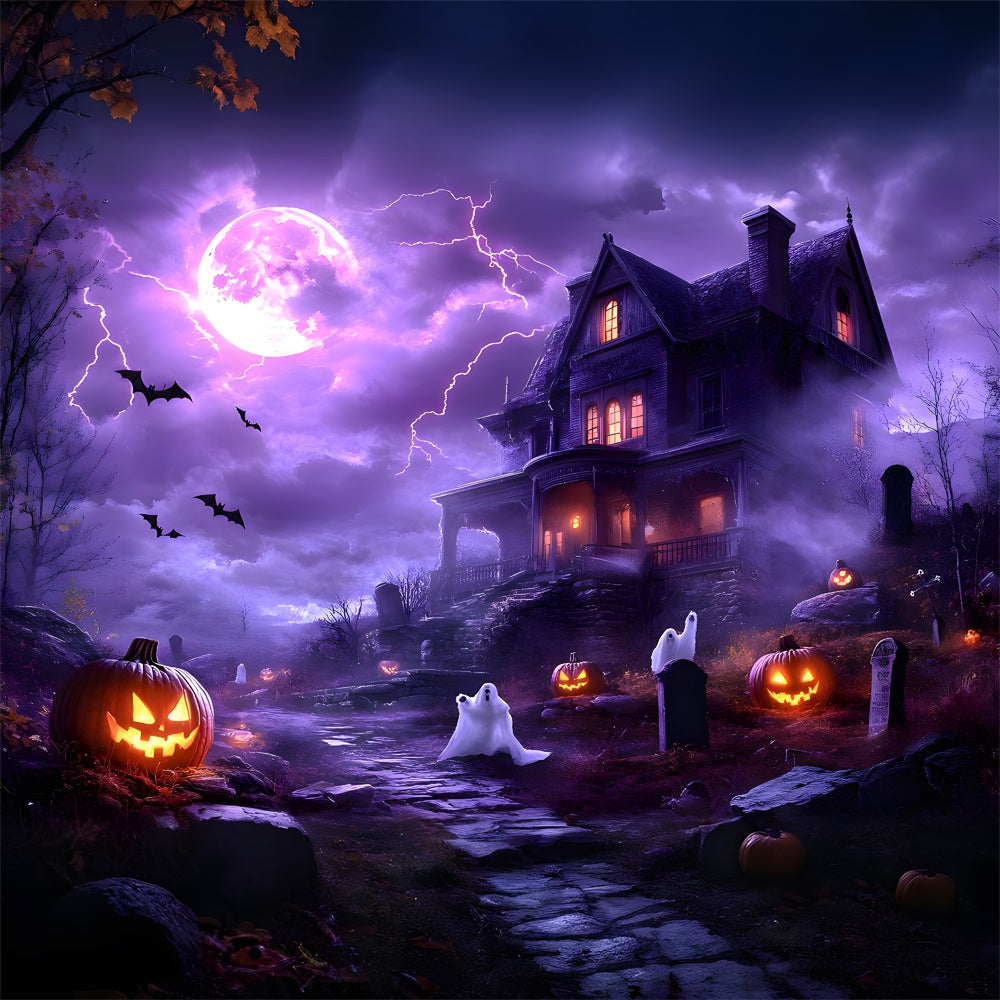 Sfondo Di Halloween Viola Cielo Notturno Fulmine Fantasma RR9-108