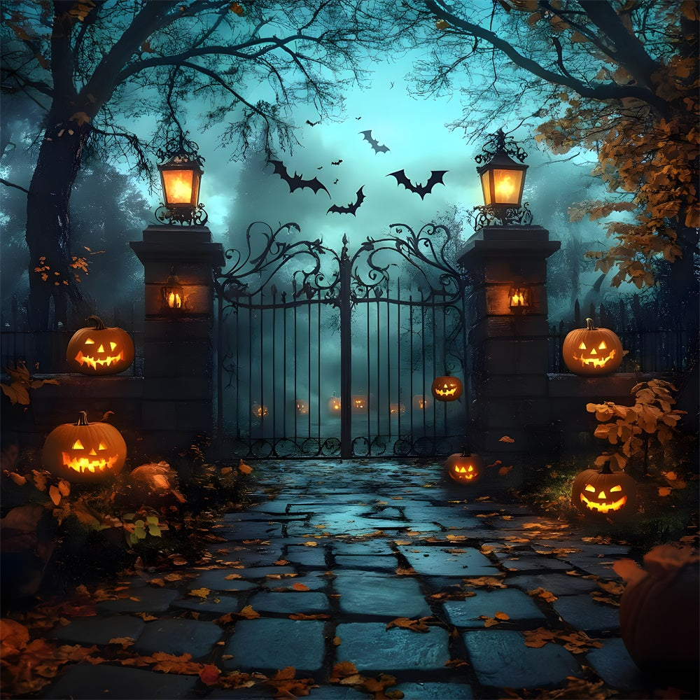 Orribile Sfondo Di Zucca Con Cancello Del Cimitero Di Halloween RR9-109