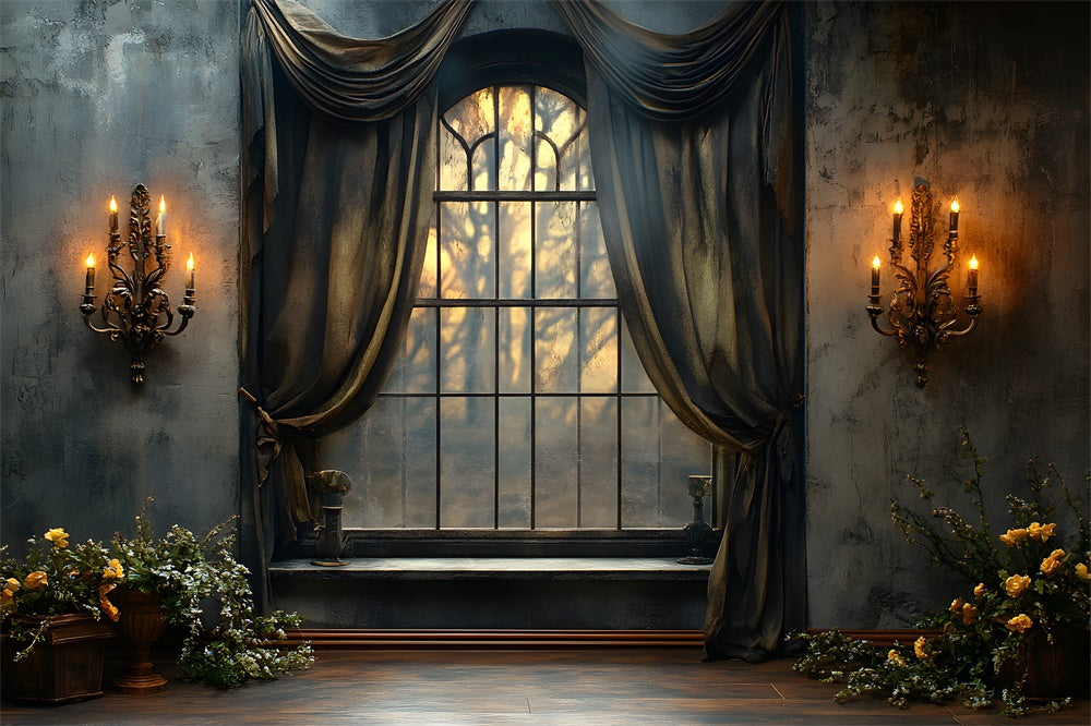 Sfondo Con Vista Sulla Finestra Delle Candele Da Parete Retro Di Halloween RR9-110