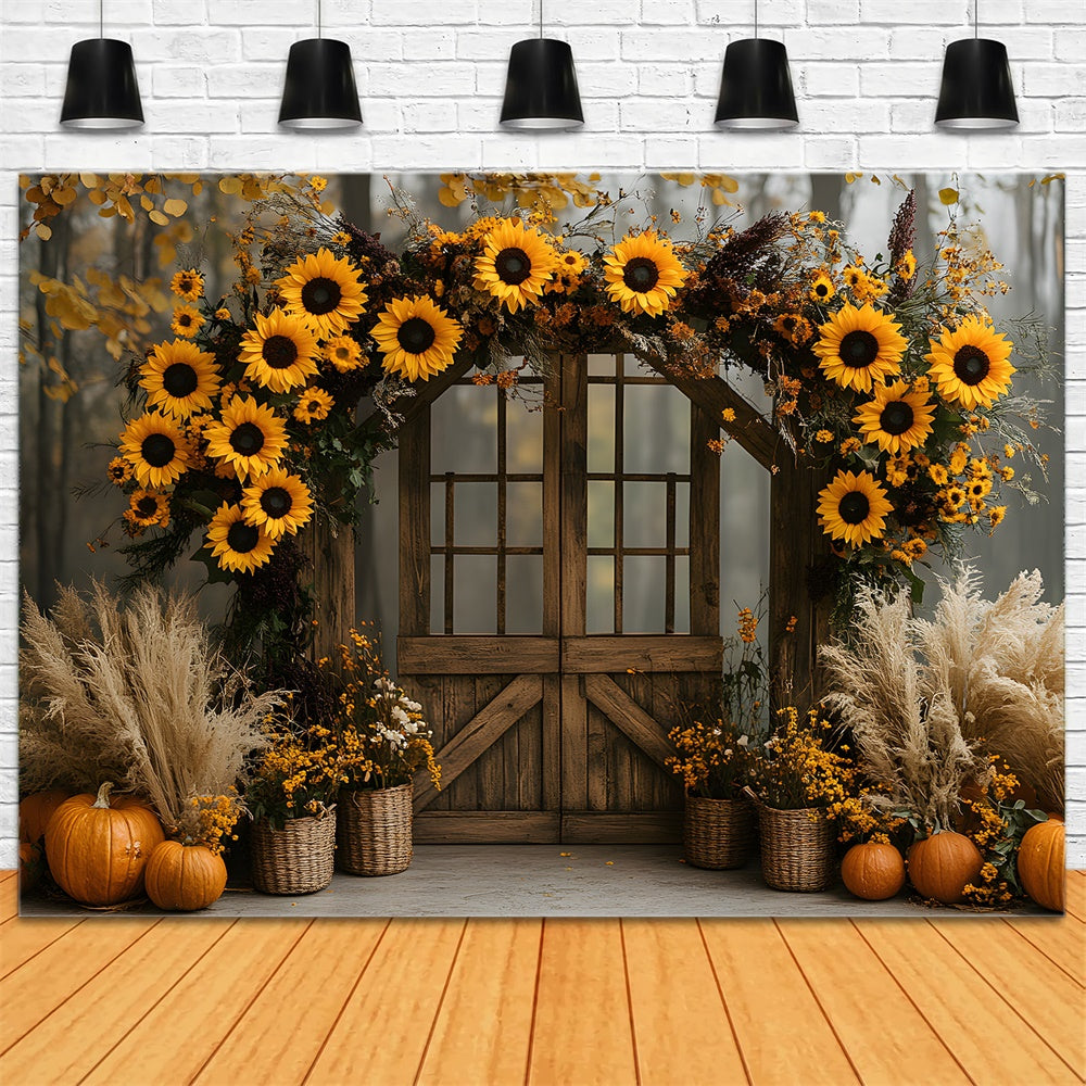 Sfondo Autunnale Con Porta In Legno Ghirlanda Di Girasoli RR9-13