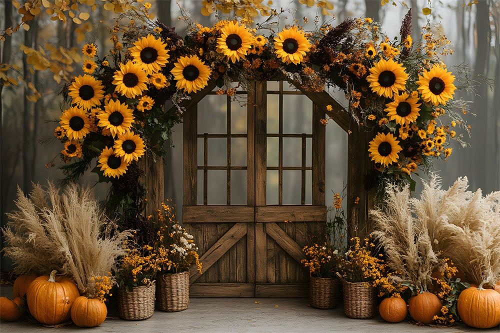 Sfondo Autunnale Con Porta In Legno Ghirlanda Di Girasoli RR9-13