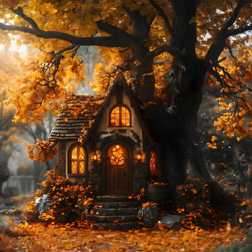 Sfondo Di Foglie Di Acero Della Casa Sull'Albero Della Foresta Autunnale RR9-22