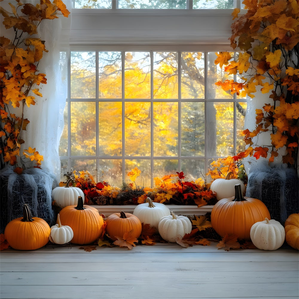 Finestra Degli Alberi Di Acero Autunnali Con Vista Sullo Sfondo Di Zucca RR9-27