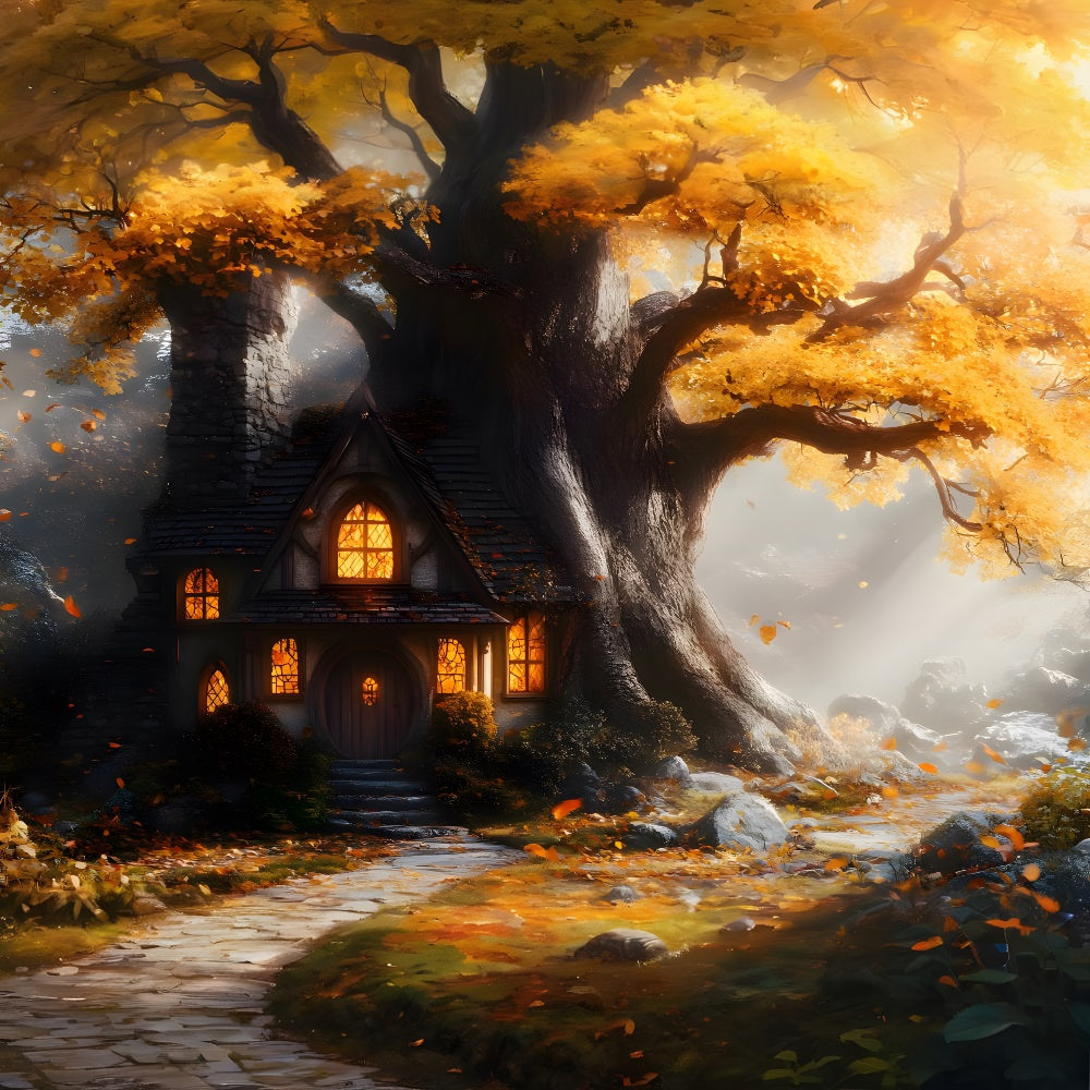 Sfondo Del Sentiero In Pietra Della Casa Sull'Albero Di Acero Autunnale RR9-32