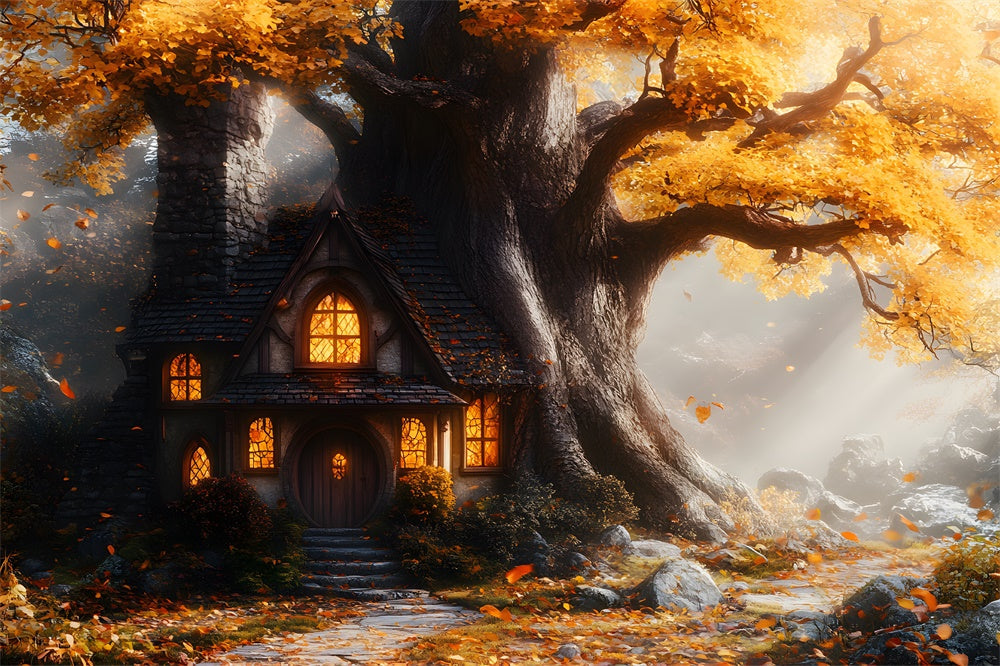 Sfondo Del Sentiero In Pietra Della Casa Sull'Albero Di Acero Autunnale RR9-32