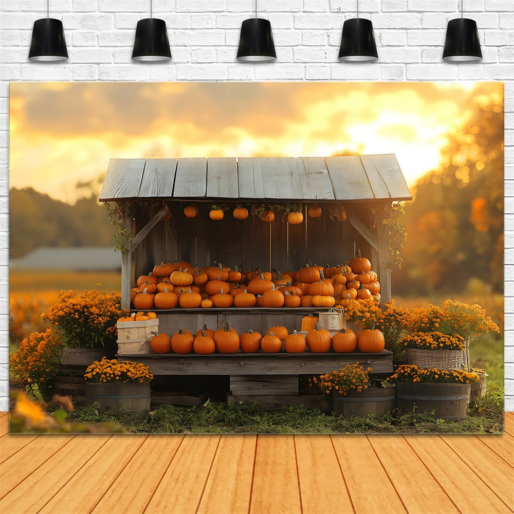 Fondale In Legno Con Fiori Di Zucca Al Tramonto Autunnale RR9-40