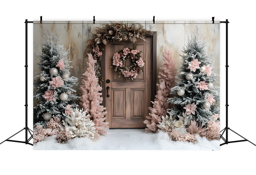 Sfondo Di Neve Con Porta Ghirlanda Di Albero Di Natale Rosa RR9-45