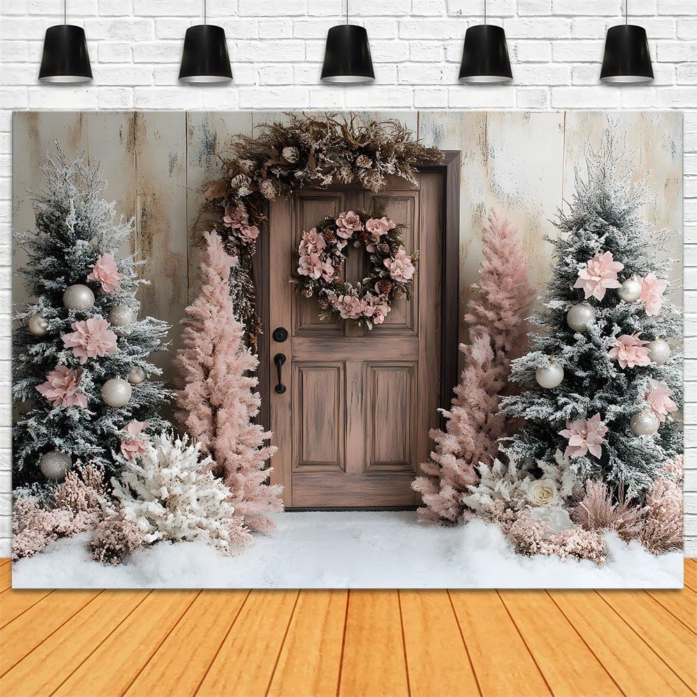 Sfondo Di Neve Con Porta Ghirlanda Di Albero Di Natale Rosa RR9-45