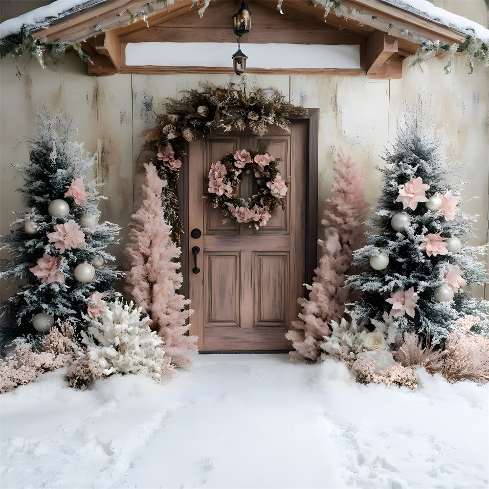 Sfondo Di Neve Con Porta Ghirlanda Di Albero Di Natale Rosa RR9-45